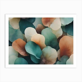 Background Texture Of Overlapping Leaves In Muted Teal, Green, And Orange Tones Art Print