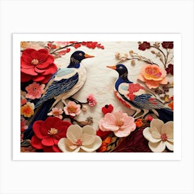 Two Birds With Flowers Art Print