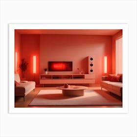 A Modern Living Room Interior With A White Sofa, Two Armchairs, And Red Accent Lighting, Creating A Cozy And Inviting Atmosphere Art Print