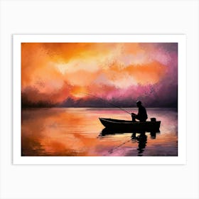 Silhouette a man fishing on boat - Acrylic oil painting #3 Art Print