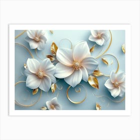 3d Art with White and Pink Flowers, Golden Swirls and Leaves on Light Blue Background 1 Art Print