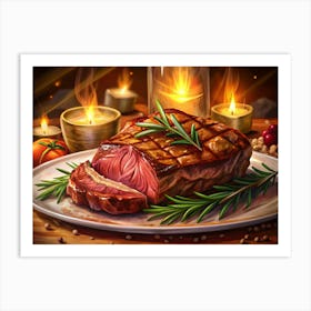 Juicy Grilled Steak With Rosemary Garnish And Candles Art Print