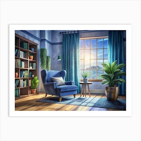 Living Room With Blue Armchair And A Window With A View Of A Sunset Art Print