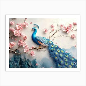 3d Artwork Background Blue Peacock On Branch Art With Flowers 1 Art Print