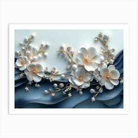 3d Artwork Illustration White And Blue Background With Golden Jewelry And Flowers, In Black Design 1 Art Print