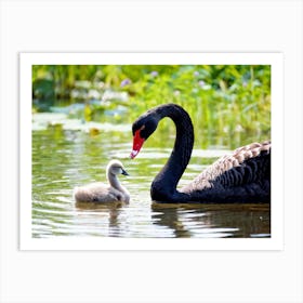 Closeup Of A Black Swan With Its Cygnet On A Small Tranquil Duck Pond Reflecting The Sprightlines (1) Art Print