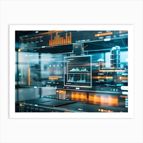 Multiple Digital Screens Display Stock Charts, Data Visualizations, Code, And Architectural Plans Art Print