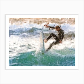 Surfer Fights A Wave At Sunset Oil Painting Landscape Art Print