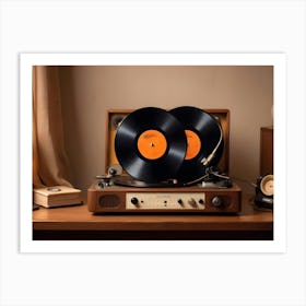 A Vintage Record Player With Two Records On The Turntable, Surrounded By Other Vintage Audio Equipment And A Plant Art Print