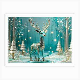 Whimsical Teal Deer Crafted From Ceramic And Metal In A Robotic Style Frolicks Amidst An Enchantin (1) Art Print