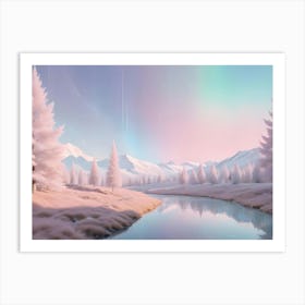 A Digital Painting Of A Peaceful, Snowy Landscape With A Winding River, Fir Trees, And A Colorful, Pastel Sky Art Print