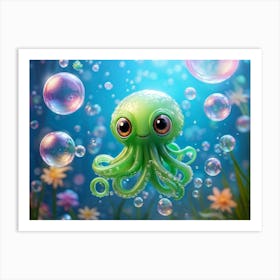 Cute Cthulhu With Large Eyes Ensconced Within Glistening Soap Bubbles Suspended Mid Air Photoreali Art Print