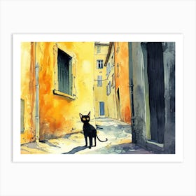 Marseille, France   Cat In Street Art Watercolour Painting 1 Art Print