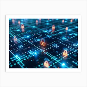 Digital Grid With Glowing Lock Icons Representing Cybersecurity Art Print