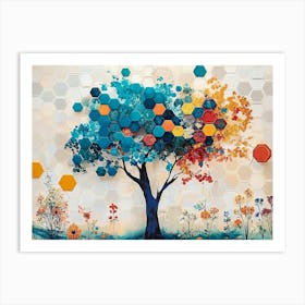 Vibrant Turquoise Tree and Colorful Hexagons, White Lattice and Floral Art Print