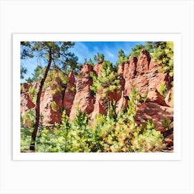 Ochres Land Majestic Cliffside Forest. This image showcases a stunning cliffside landscape adorned with lush green trees. The rocky formations exhibit a range of warm hues, from sandy yellows to deep reds, creating a striking contrast against the vibrant blue sky. The scene captures the beauty of nature's rugged terrain and the resilience of trees growing on steep, rocky surfaces. 3 Art Print