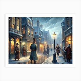 Victorian Street Scene At Night In The Snow Art Print