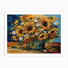 Sunflowers In A Blue Vase - Ai Art Print