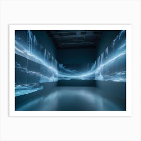 A Minimalist, Futuristic Image Of An Empty Room With Several Large Screens Displaying A Digital Landscape Of Glowing Blue And White Lines, Evoking A Sense Of Vastness And Space Art Print