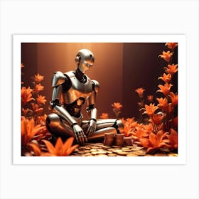 A Silver, Metallic Robot Sits In A Meditative Pose On A Bed Of Golden Coins, Surrounded By Orange Lily Flowers Art Print