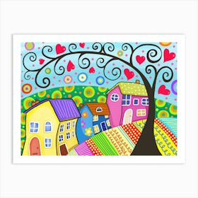 Folk Art Doodle Houses Village Art Print