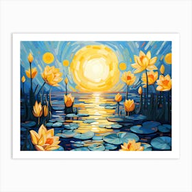 Golden Lotus Flower Landscape, Vincent Van Gogh Inspired Art Print