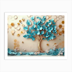 Serene 3d Tree, Turquoise And Blue Leaves, Soft Brown Shades, Colorful Hexagons, Simple Floral Background Art Print