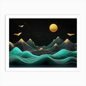 This Is A 3d With Golden Mountains, Turquoise and Black Lines, And Birds Art Print