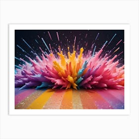 An Abstract Image Of A Colorful Explosion Of Paint Splatters Against A Striped Background Art Print