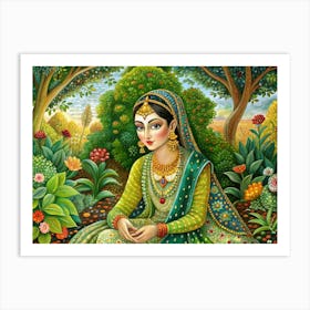 Elegant Indian Woman In A Green And Blue Outfit, Sitting In A Flower Garden Art Print