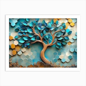 Serene Tree In A 3d Wooden Turquoise And Blue Leaves, Soft Brown Shades Art Print