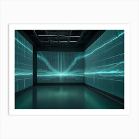 An Empty Room With Large Screens Displaying Abstract, Blue Visuals Art Print