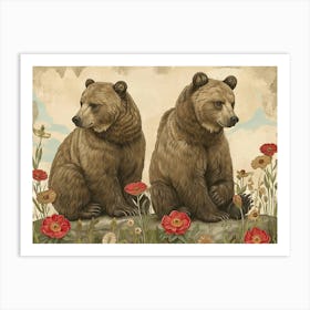 Floral Animal Illustration Grizzly Bear 2 Art Print