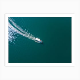 Drone view of the boat in the lake. Lake Orta. Italy. Art Print