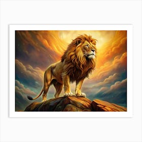 Majestic Lion Standing On A Rock Under A Dramatic Sky Art Print