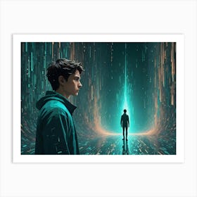 Two Figures Stand In A Futuristic, Dark Hallway With Glowing Blue Lines, One Facing A Bright, Ethereal Light Source Art Print