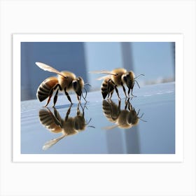 Two Honeybees Drink Water From A Reflective Surface, With Their Reflections Clearly Visible, Set Against A Blurred City Background Art Print