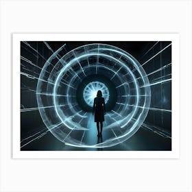 A Woman In Silhouette Stands In A Dark Room With A Glowing, Blue Portal In The Background Art Print