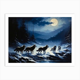 A Pack Of Wolves Silhouetted Under A Full Moon Their Howls Amalgamating With The Wailing Wind Amid (1) Art Print