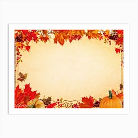 Autumn Themed Thank You Card Ornate Calligraphy Sweeping Across The Centre Leaves In Reds Golds (4) Art Print