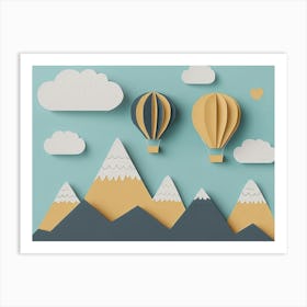 Hand Drawn Childish Art with Mountains, Balloons and Clouds 1 Art Print