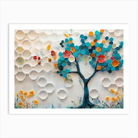 Vibrant Turquoise Tree and Colorful Hexagons Create a Striking Effect Against White Lattice and Floral 1 Art Print