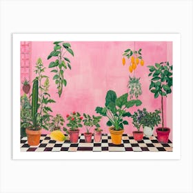 Potted Plants & Fruit Growing In A Greenhouse Pink Checkerboard Art Print