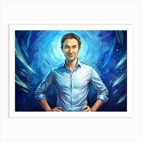 Portrait Of A Smiling Man Against A Blue Swirling Background Art Print