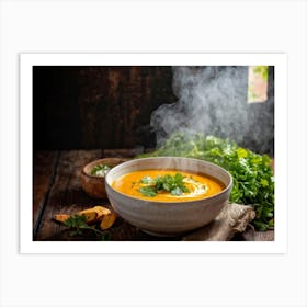 Autumn Pumpkin Curry Soup Steaming In An Earthenware Bowl Vibrant Orange Against Dark Green Lettuc (2) Art Print