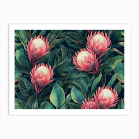 Tropical Exotic Seamless Pattern With Protea Flowers In Tropical Leaves Art Print