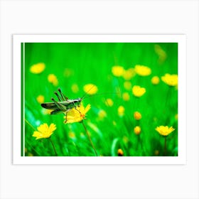 A Lush Grasshopper Leaps Across A Vibrant Oversaturated Meadow The Intense Green Hues Softened By 2 1 Art Print