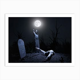 Full Moon Casting Eerie Glow On An Undead Figure Hands Clutching Out From The Dark Soil As Its Grav Art Print