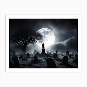 Full Moon Illuminating A Night Sky Clouded By Whispers Of Fog Gravestones Silhouetted Against The E (3) Art Print