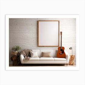 Acoustic Guitar and blank frame in living room Art Print